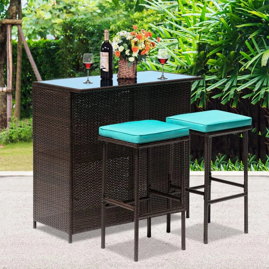 3PCS Patio Bar Set Outdoor Furniture Set Wicker Bistro Set with Two Stools for Patio Backyard Balcony Garden Furniture Sets