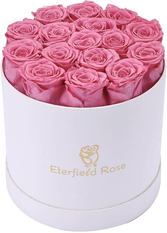 16-Piece Forever Flowers Preserved Rose in a Box Real Roses That Last a Year Preserved Flowers for Delivery Prime Mothers Day Valentines Day Christmas Day (Pink Roses, round White Box)