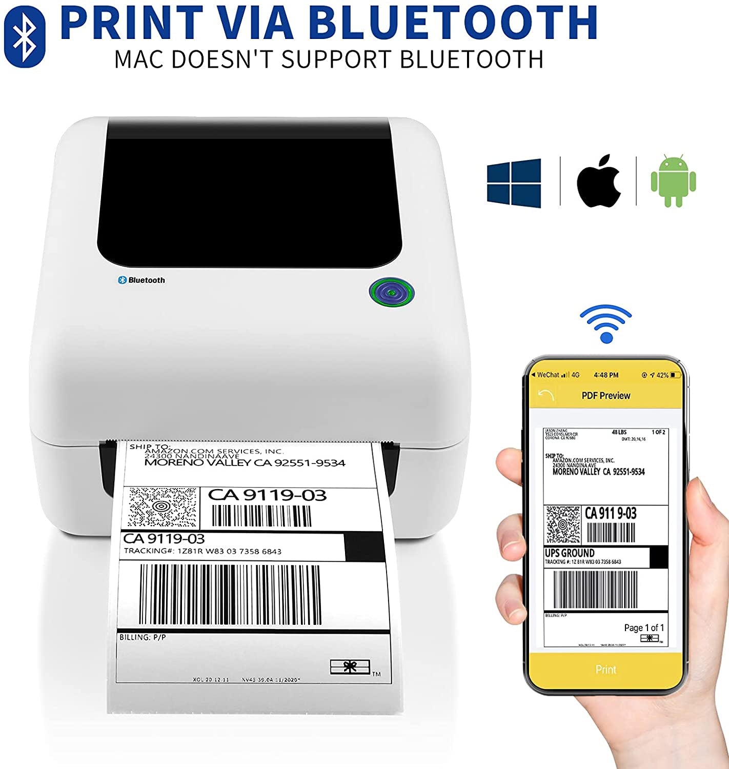 Thermal Shipping Label Printer for Shipping Packages&Postage, Bluetooth, Wireless Printer for Iphone, Android&Pc, Compatible with Amazon, Ebay, USPS, 4X6 Label Maker Machine