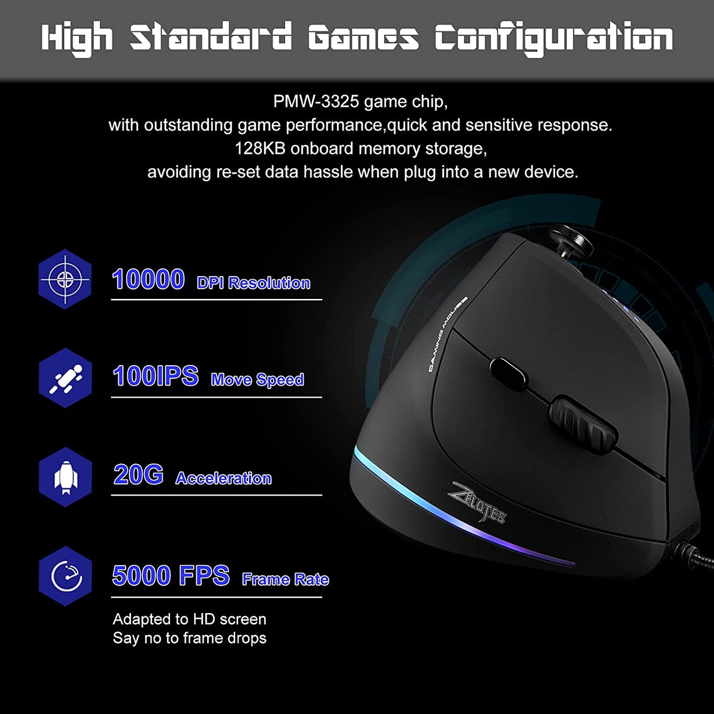 Gaming Mouse with 5 D Rocker, Ergonomic Mouse with 10000 DPI/11 Programmable Buttons, RGB Vertical Gaming Mice Wired for Pc/Laptop/E-Sports/Gamer (Black)