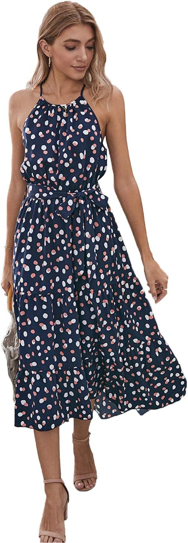 Sundress for Women Casual Summer Dress Halter Midi Spaghetti Strap Polka Dot Dress High Low Ruffle Hem Cami Dress