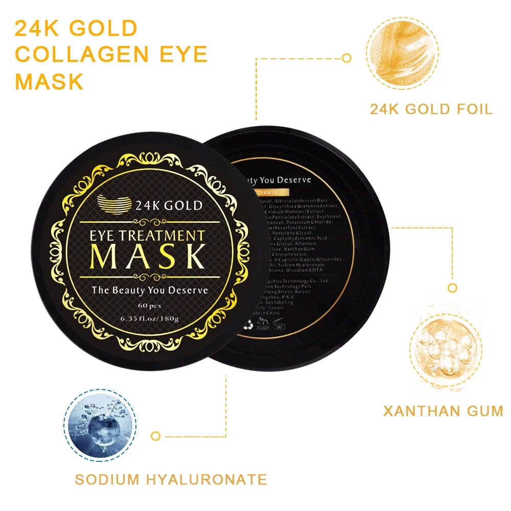 24K Gold Eye Mask Collagen Eye Mask Patches for Hydrating and Firming, Reduce Fine Line, Eye Bags, Wrinkles and Dark Circles-60Pcs