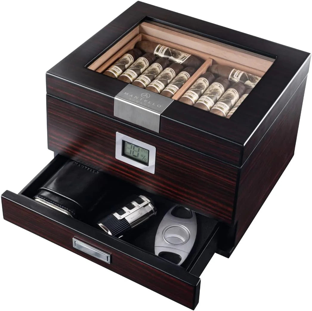 Humidor Cigar Box with Drawer for Cigar Accessories – Humidor with Digital Hygrometer – Gift for Men – Holds 25-50 Cigars