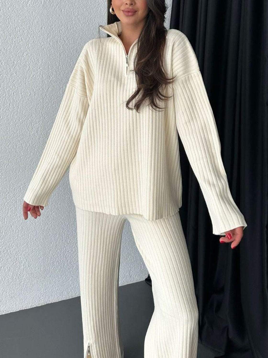 Fall Women's Clothing Solid Color Zipper Knitting Suit High Neck Ribbing Home Wear Two-piece Set