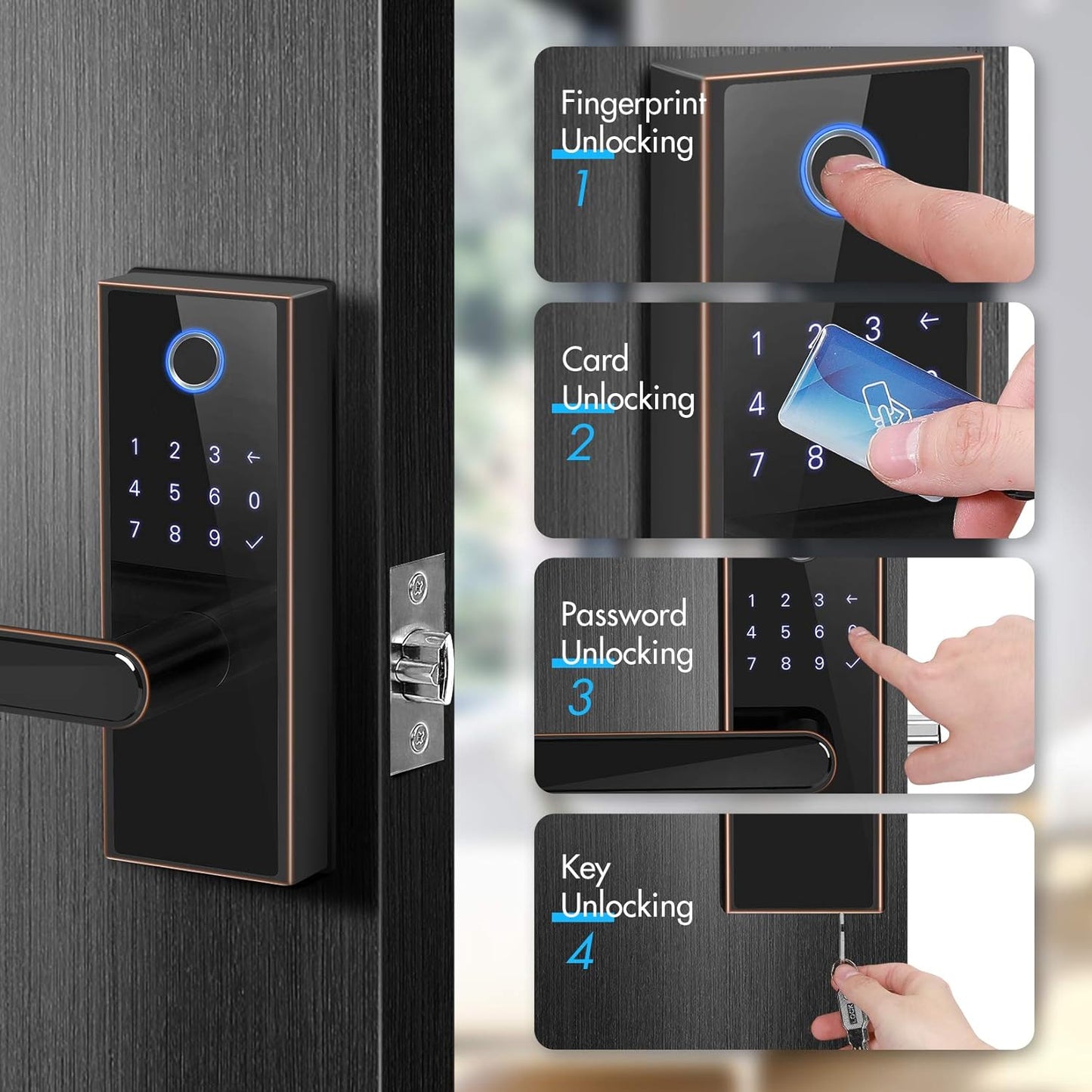 Electronic Fingerprint Door Lock, Keypad Entry Door Lock, LED Touch Screen Keypad Lock with Built-In Alarm, One-Touch Locking and Back up Key, Easy to Install for Home and Office (Aged Bronze)