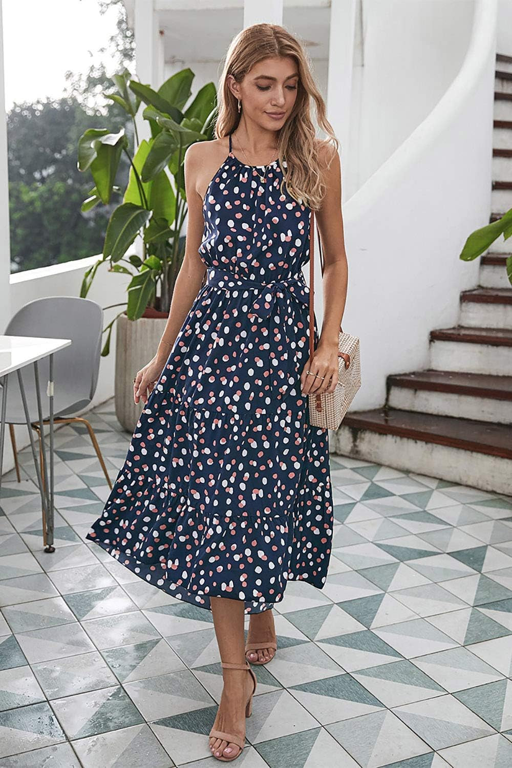 Sundress for Women Casual Summer Dress Halter Midi Spaghetti Strap Polka Dot Dress High Low Ruffle Hem Cami Dress