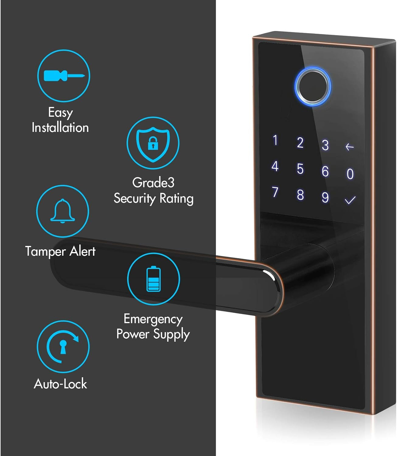 Electronic Fingerprint Door Lock, Keypad Entry Door Lock, LED Touch Screen Keypad Lock with Built-In Alarm, One-Touch Locking and Back up Key, Easy to Install for Home and Office (Aged Bronze)