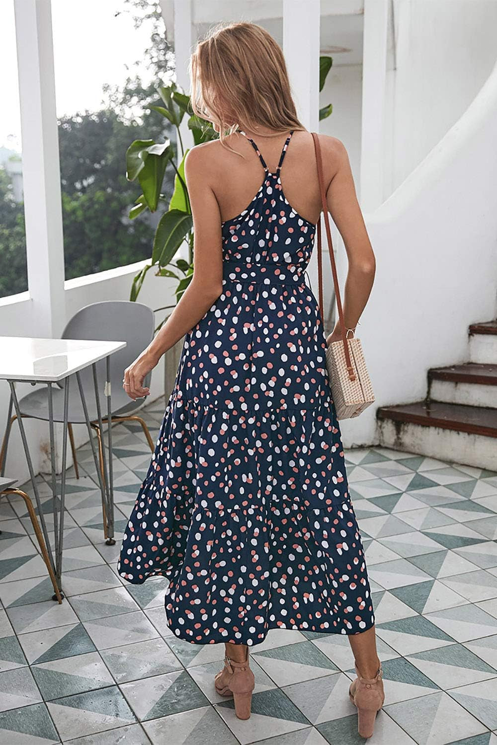 Sundress for Women Casual Summer Dress Halter Midi Spaghetti Strap Polka Dot Dress High Low Ruffle Hem Cami Dress