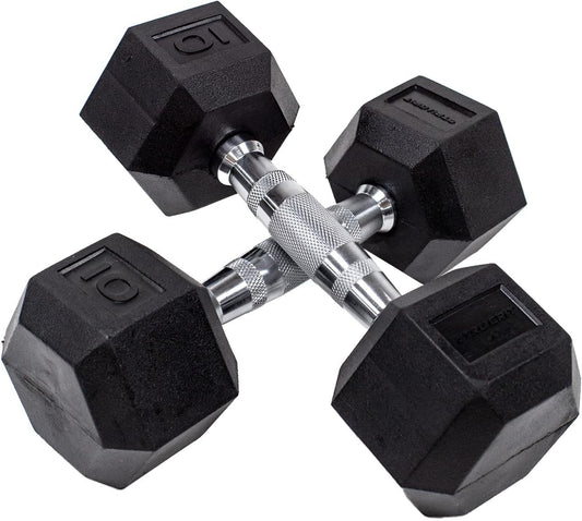 Hex Elite TPR Dumbbells - Rubber Dumbbells Designed with Chrome-Plated Steel Handles, TPU Heads, and Hexagon-Shaped Rubber-Encased Ends