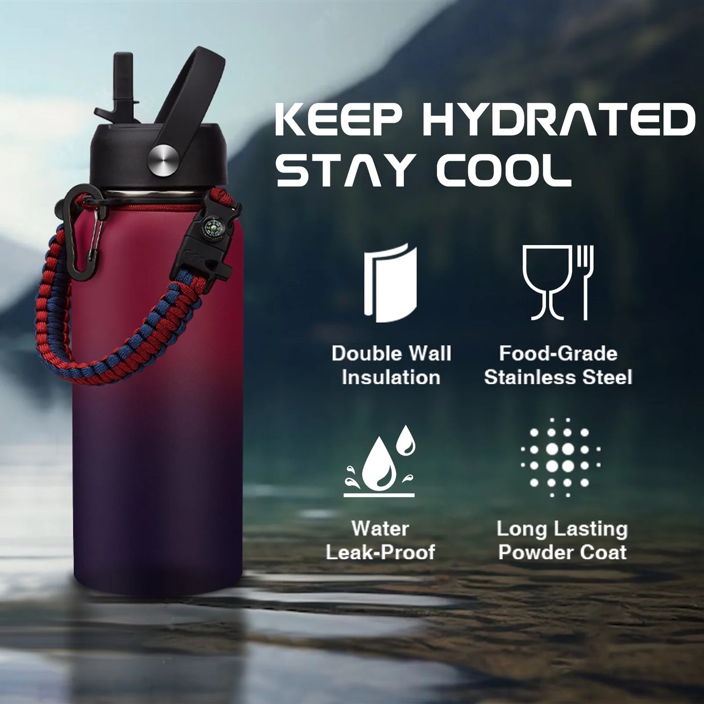 32 Oz Insulated Water Bottle with Straw - Spout Lids, Paracord Handle, Shoulder Carrier Bag, Stainless Steel Sport Water Bottle Metal Flask