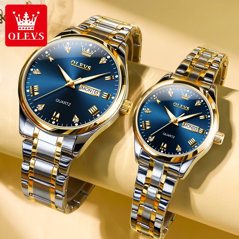 OLEVS Couple Watch Waterproof Quartz Original Stainless Steel Unfading Luminous Calendar Fashion Watch For Men and Women Woman的图片